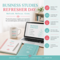 Business Studies Refresher Day promotional graphic featuring a laptop, notebooks and coffee mug on a desk, highlighting practical business insights, marketing strategies, goal setting and professional growth for aromatherapists and holistic therapists.