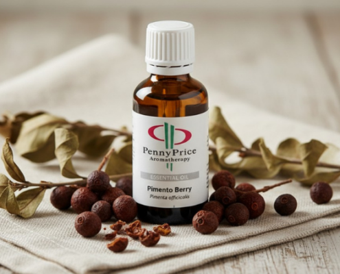 Pimento Berry essential oil (Allspice) bottle with leaves and berries